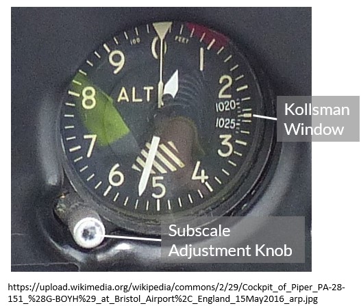 altimeter showing kollsman window and subscale adjustment knob